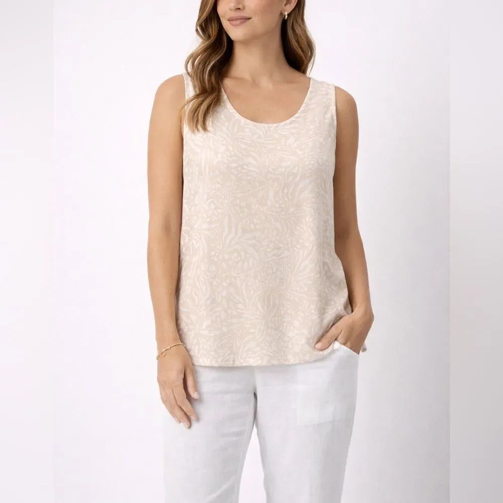 Charlie Beige Abstract Print Linen Blend Sleeveless Button Back Top XL
